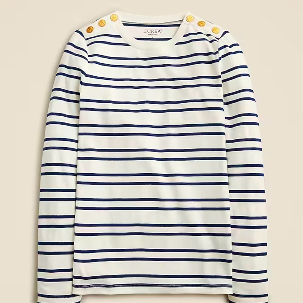 JCrew Perfect-fit long-sleeve crewneck T-shirt with lion buttons in stripe S